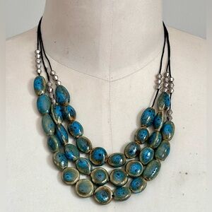 Coldwater Creek Blue Ceramic Bead Necklace - Flat Painted Circles Earth Tones